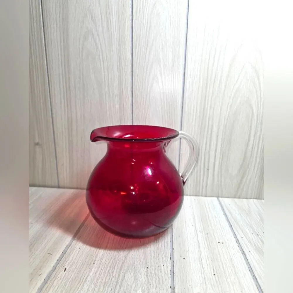 Vtg Hand-Blown Ruby Red Pitcher With Clear Handle Victorian 7